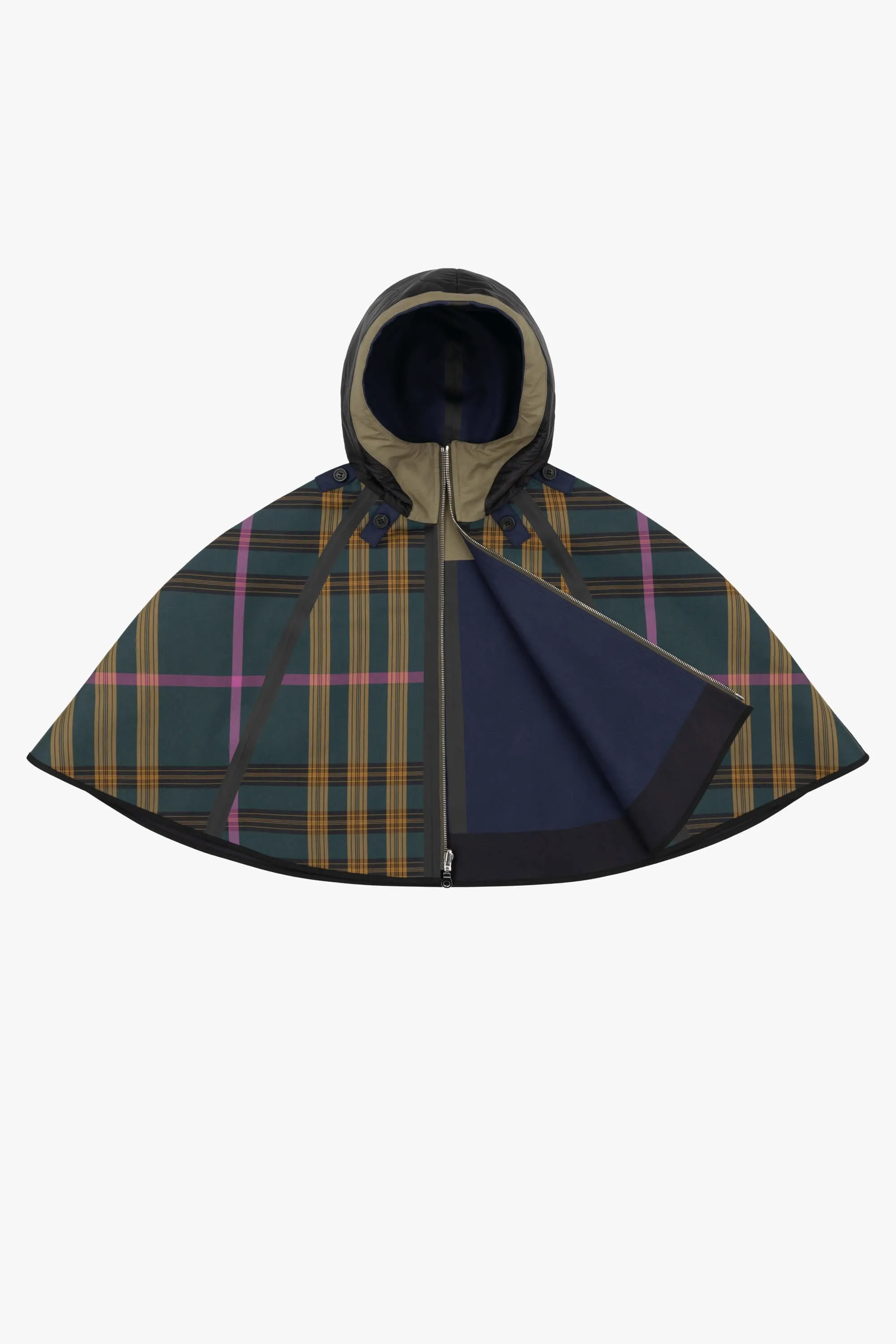 Hooded Rain Cape - Navy / Green Plaid