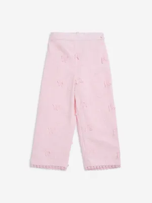 HOP Kids Light Pink Embroidered High-Rise Cotton Pants