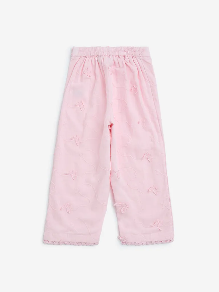 HOP Kids Light Pink Embroidered High-Rise Cotton Pants