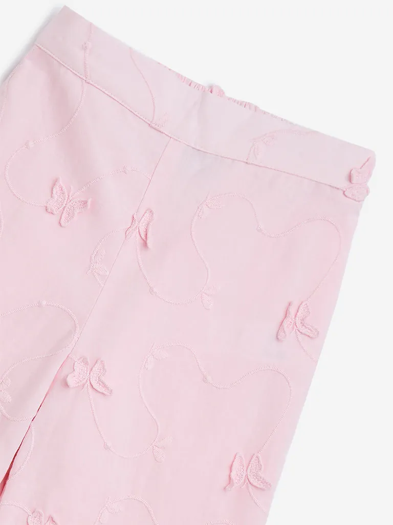 HOP Kids Light Pink Embroidered High-Rise Cotton Pants