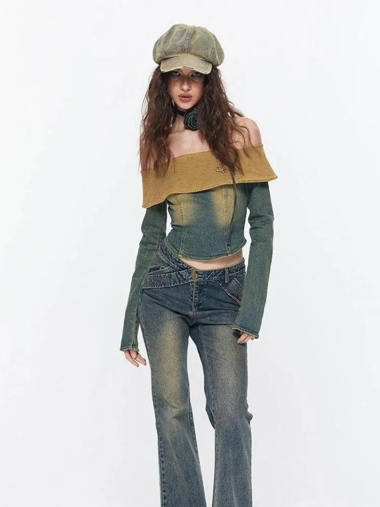 Hot girl off-shoulder retro washed  denim【s0000003534】