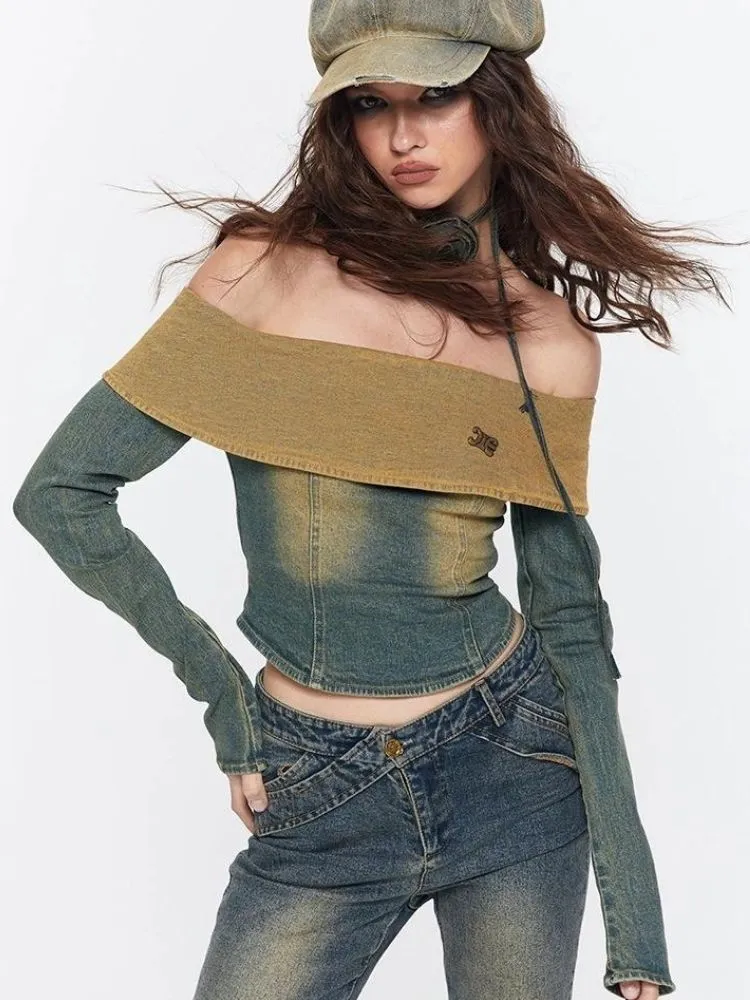 Hot girl off-shoulder retro washed  denim【s0000003534】