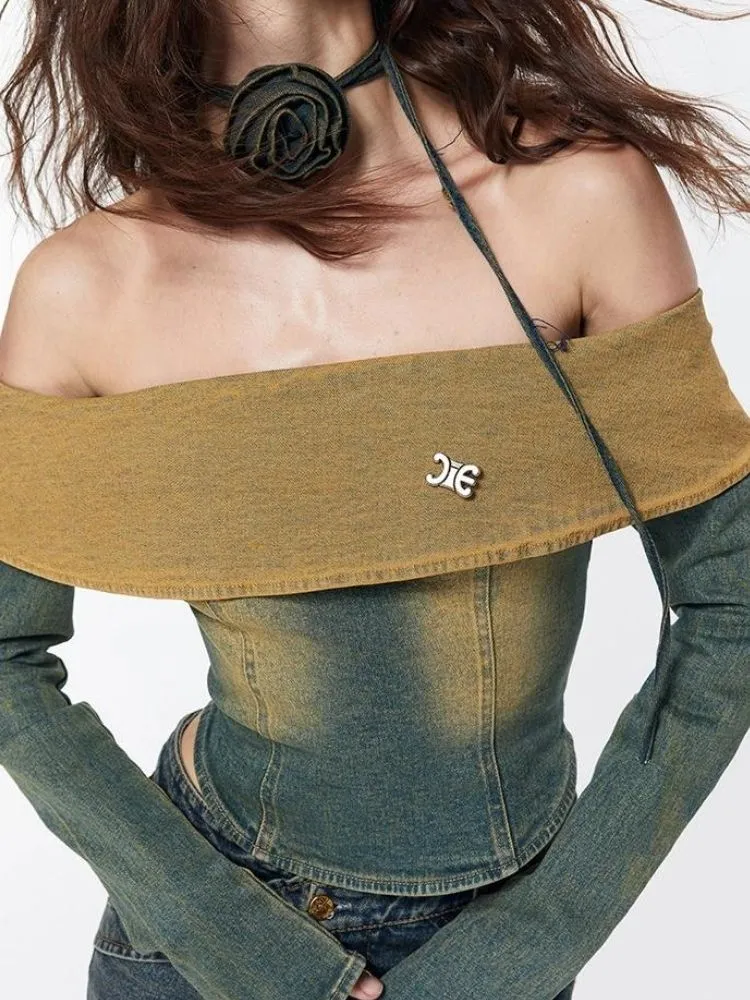 Hot girl off-shoulder retro washed  denim【s0000003534】