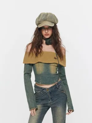 Hot girl off-shoulder retro washed  denim【s0000003534】