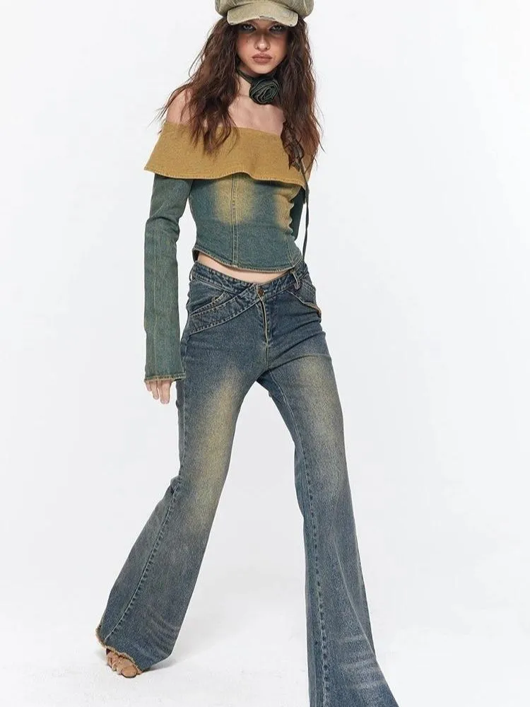 Hot girl off-shoulder retro washed  denim【s0000003534】