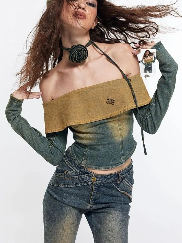 Hot girl off-shoulder retro washed  denim【s0000003534】