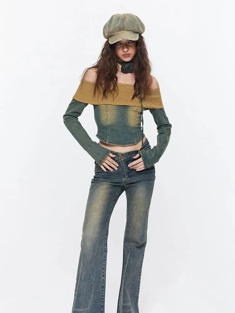 Hot girl off-shoulder retro washed  denim【s0000003534】