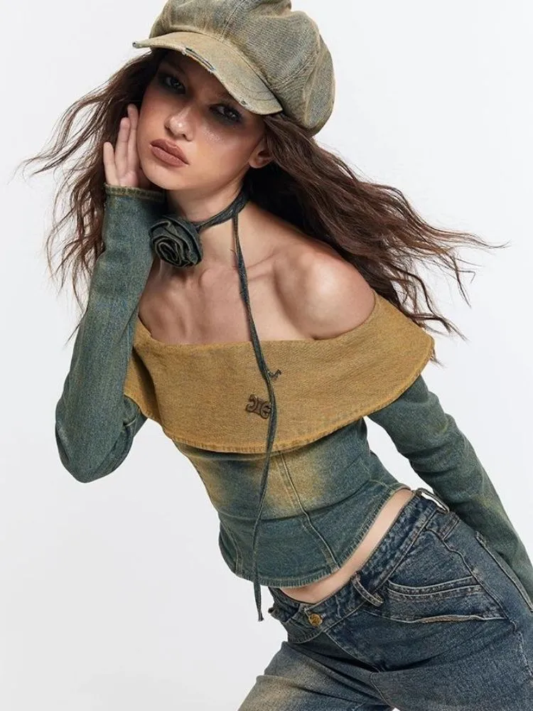 Hot girl off-shoulder retro washed  denim【s0000003534】