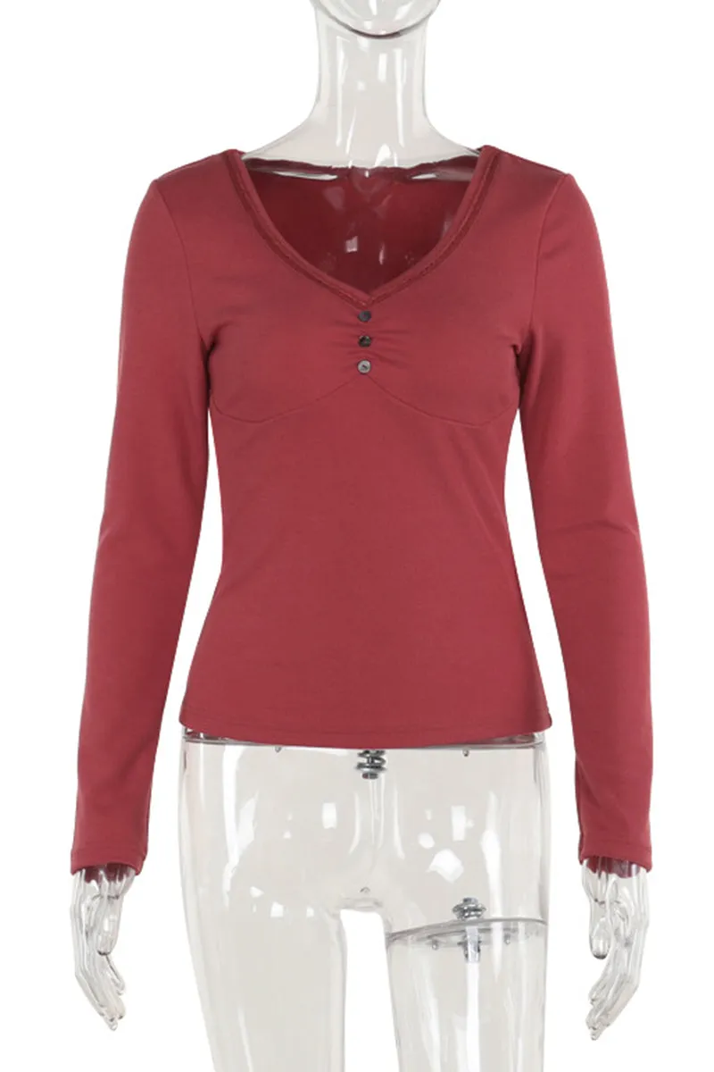 HTR1077 Deep V-Neck Buttoned Top