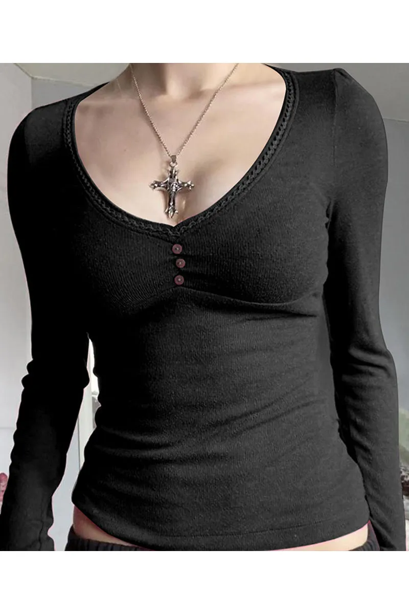 HTR1077 Deep V-Neck Buttoned Top