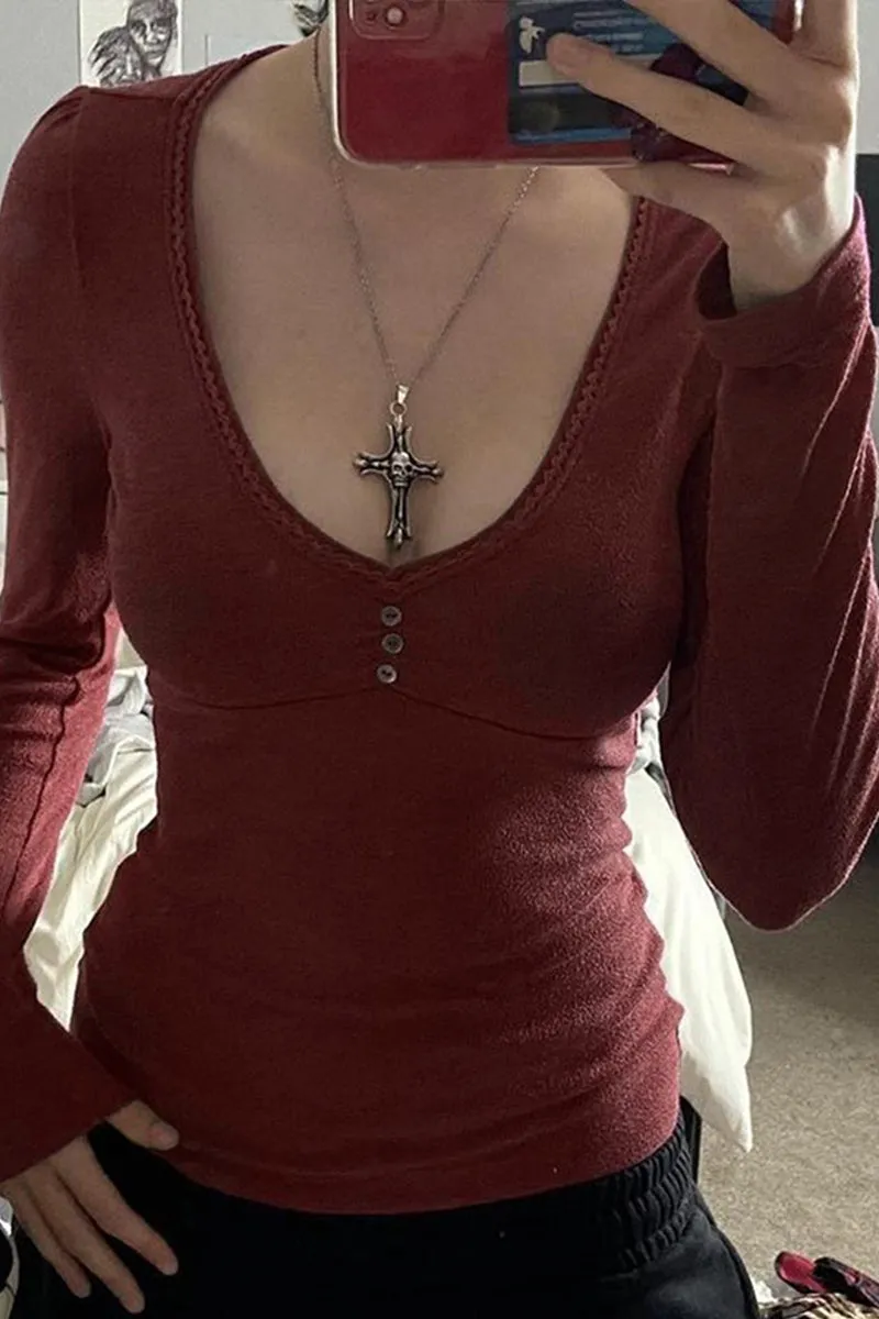 HTR1077 Deep V-Neck Buttoned Top