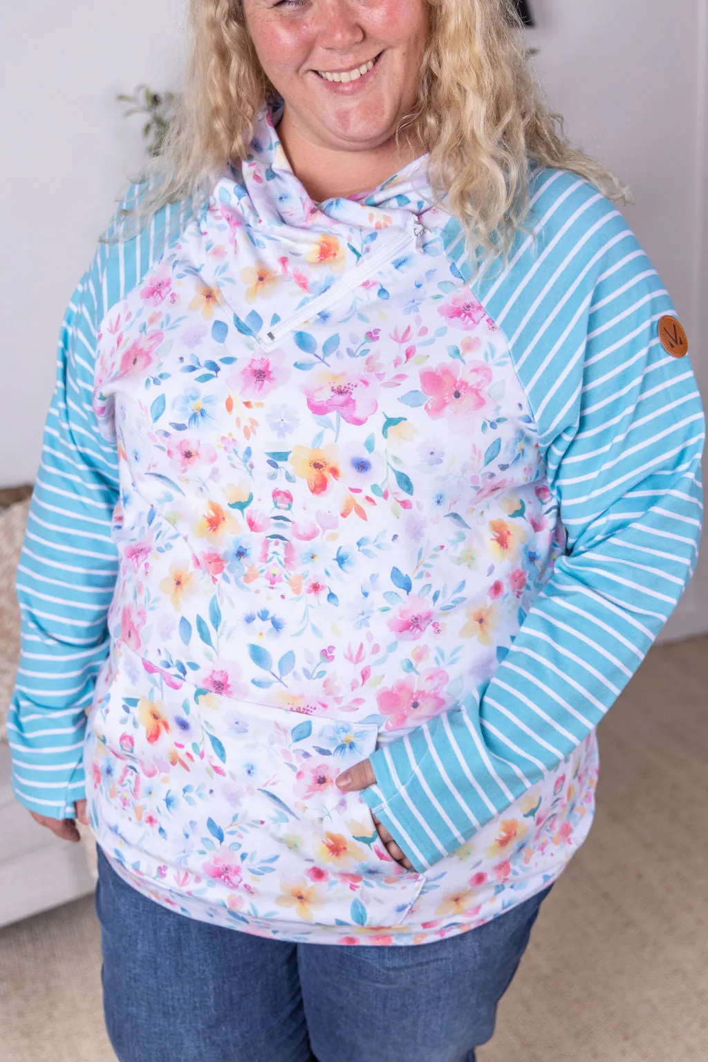 IN STOCK Zoey ZipCowl Sweatshirt - Watercolor Floral and Stripes