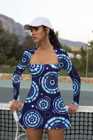Indigo Spiral Long Sleeve Tennis Dress – Scallop Hem & Square Neck Activewear