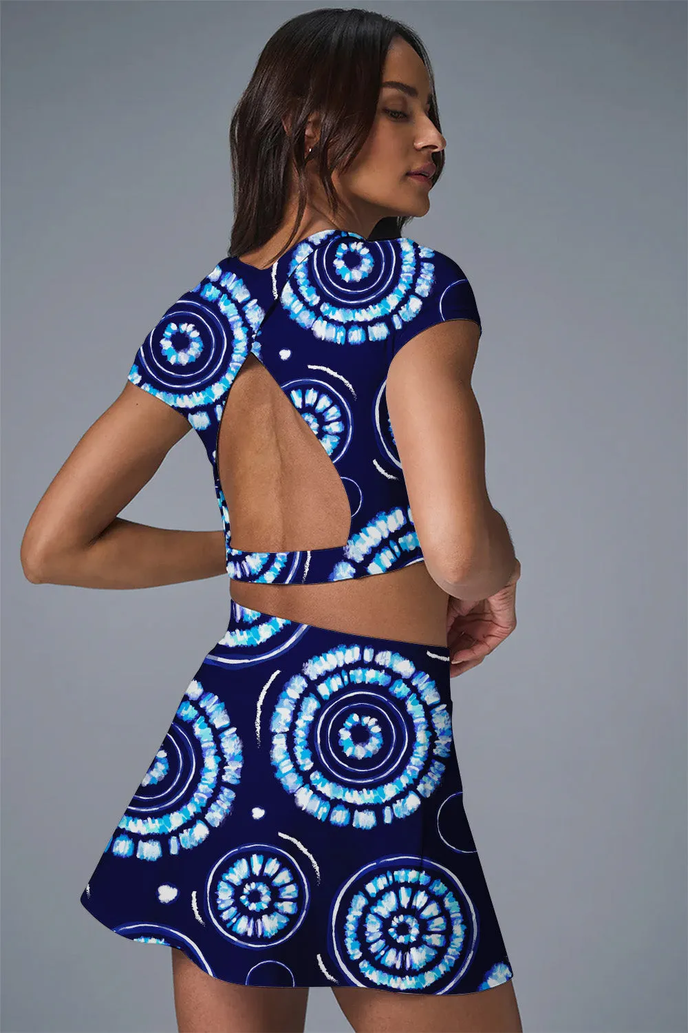 Indigo Spiral Skort Set – Crop Top & Slit Skirt for Tennis and Training