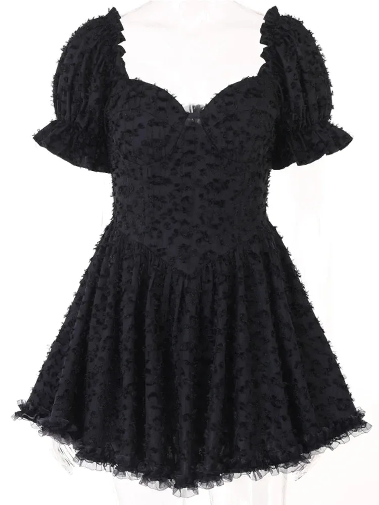 InsGoth Gothic Lolita Women's Summer Vintage High Waist Black Ball Gown Goth Puff Sleeve V-neck Gothic Dress