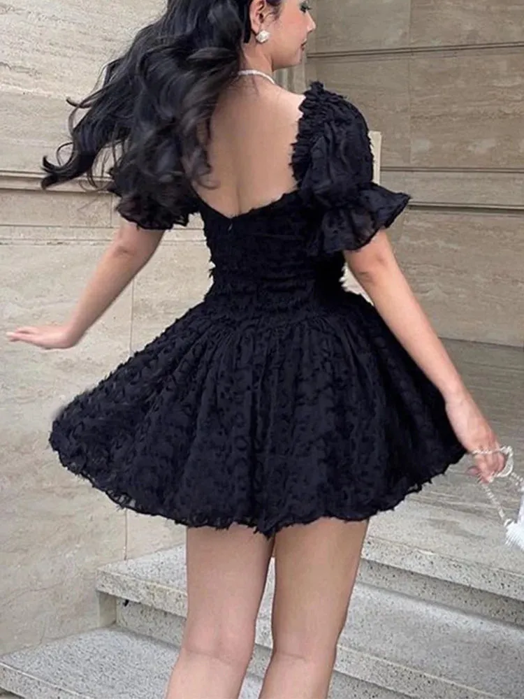 InsGoth Gothic Lolita Women's Summer Vintage High Waist Black Ball Gown Goth Puff Sleeve V-neck Gothic Dress