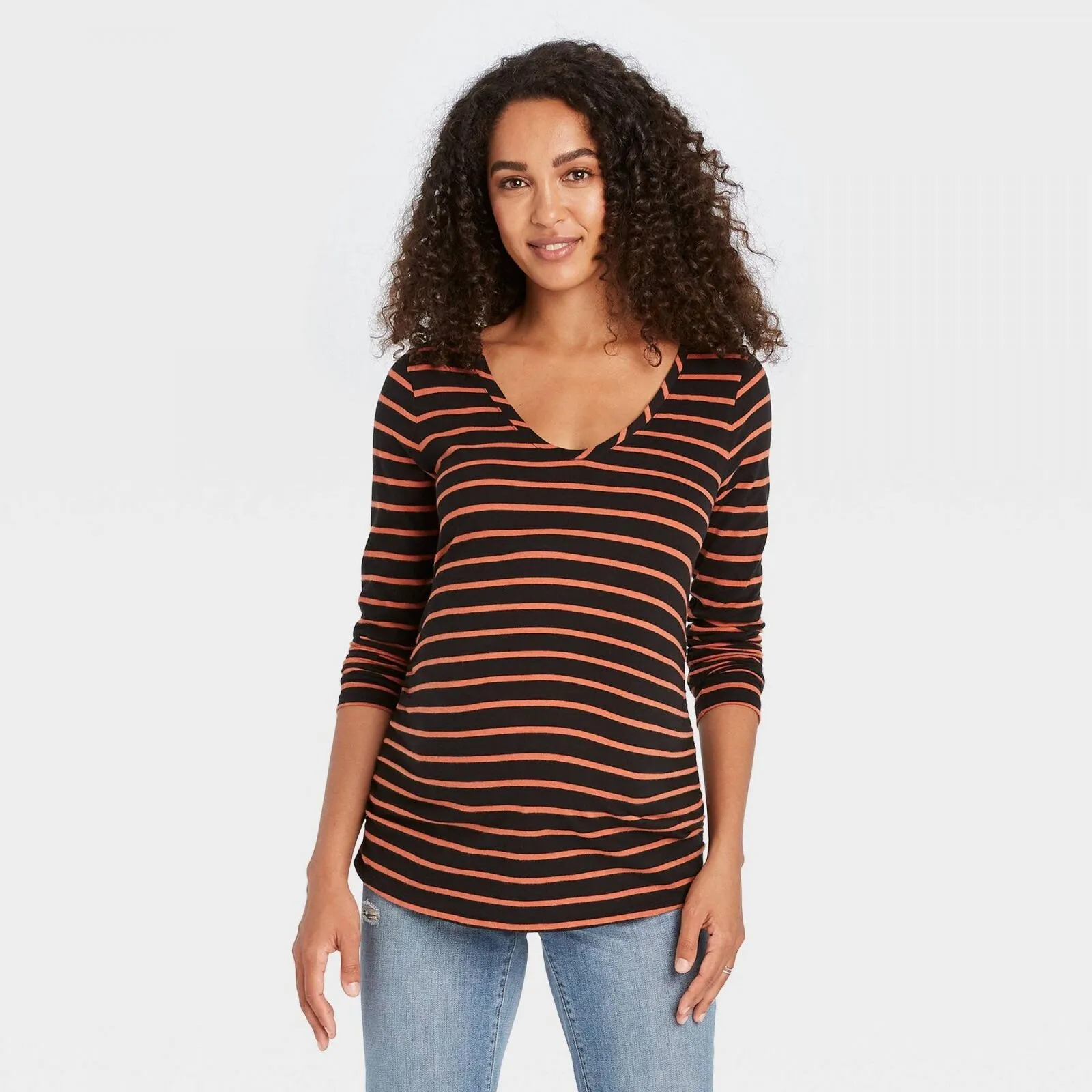 Isabel Maternity Long Sleeve Scoop Neck Side Shirred Maternity T-Shirt Black L