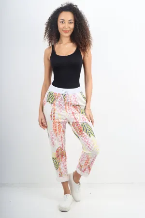 Italian Stretch Cotton Trousers ~ Multi Leaf ~ ONE SIZE