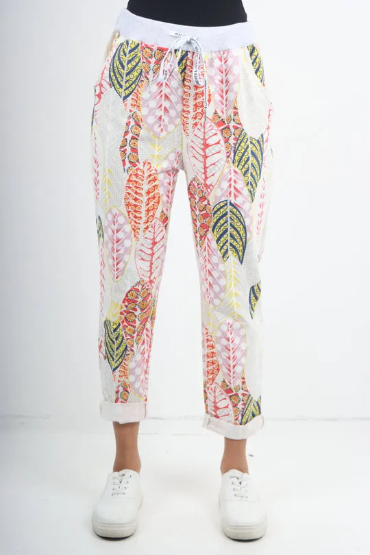 Italian Stretch Cotton Trousers ~ Multi Leaf ~ ONE SIZE