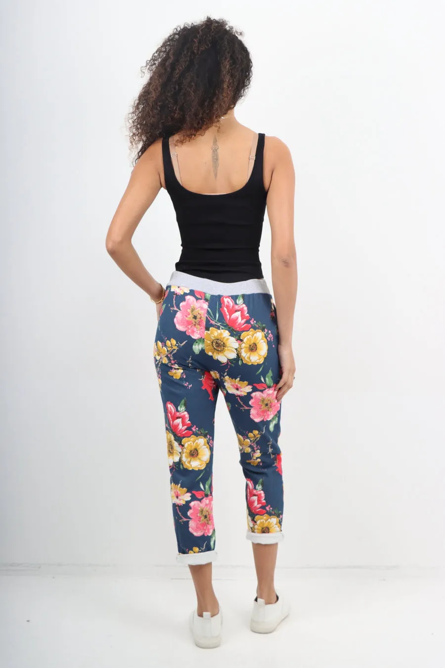 Italian Stretch Cotton Trousers ~ Navy Floral ~ ONE SIZE