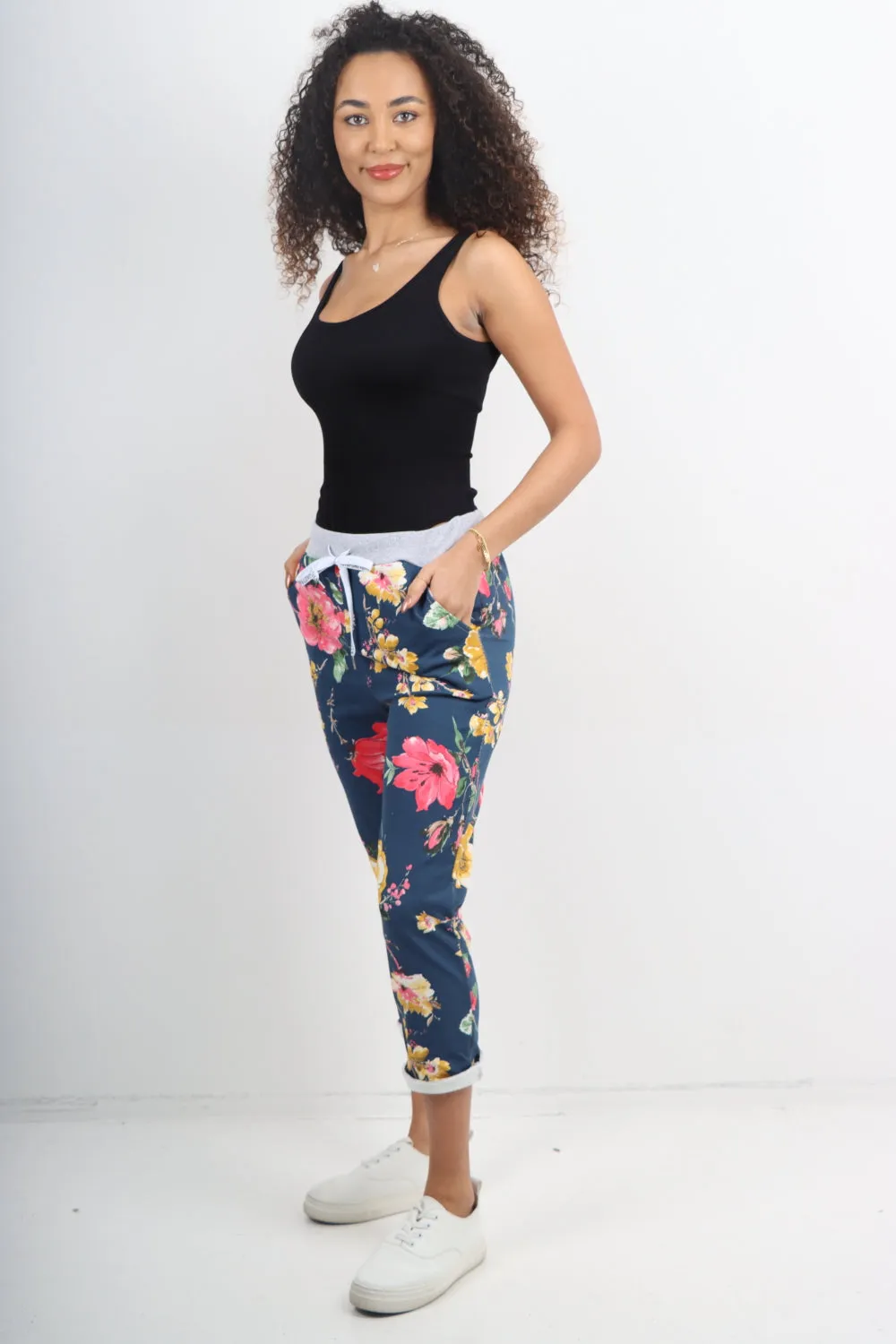 Italian Stretch Cotton Trousers ~ Navy Floral ~ ONE SIZE