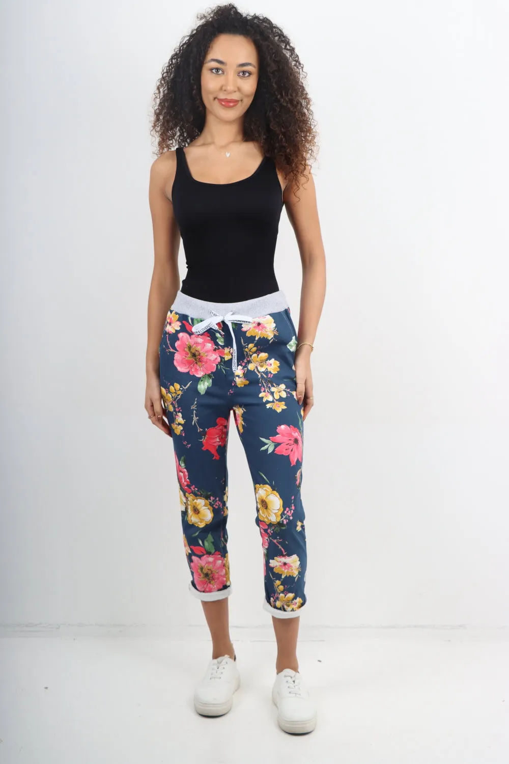 Italian Stretch Cotton Trousers ~ Navy Floral ~ ONE SIZE