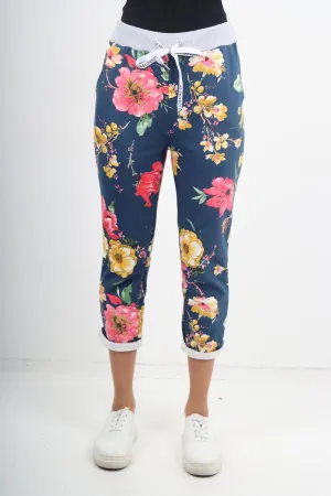 Italian Stretch Cotton Trousers ~ Navy Floral ~ ONE SIZE