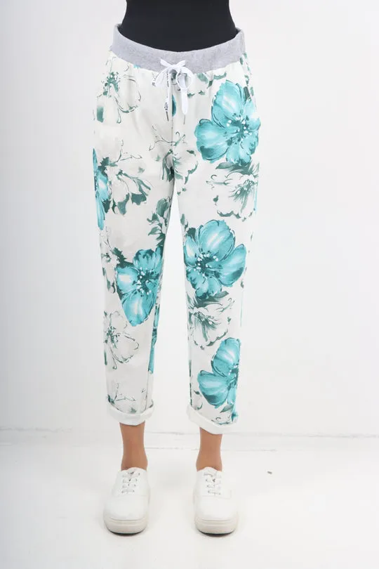 Italian Stretch Cotton Trousers ~ Teal Floral ~ ONE SIZE