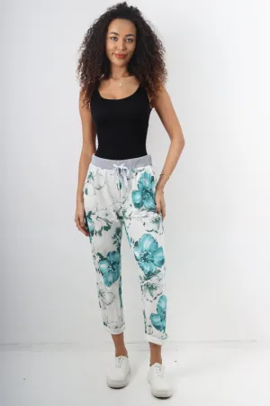Italian Stretch Cotton Trousers ~ Teal Floral ~ ONE SIZE