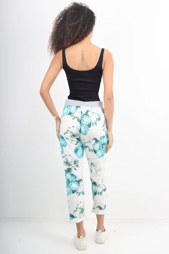 Italian Stretch Cotton Trousers ~ Teal Floral ~ ONE SIZE