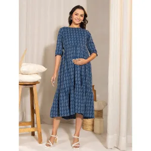 Janasya Womens Blue Cotton Woven Flared Maternity Dress