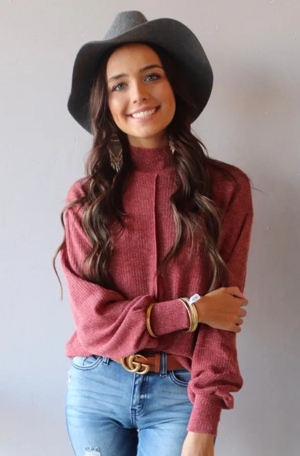 JEOPARDY MockNeck Expose Seam Knit Sweater