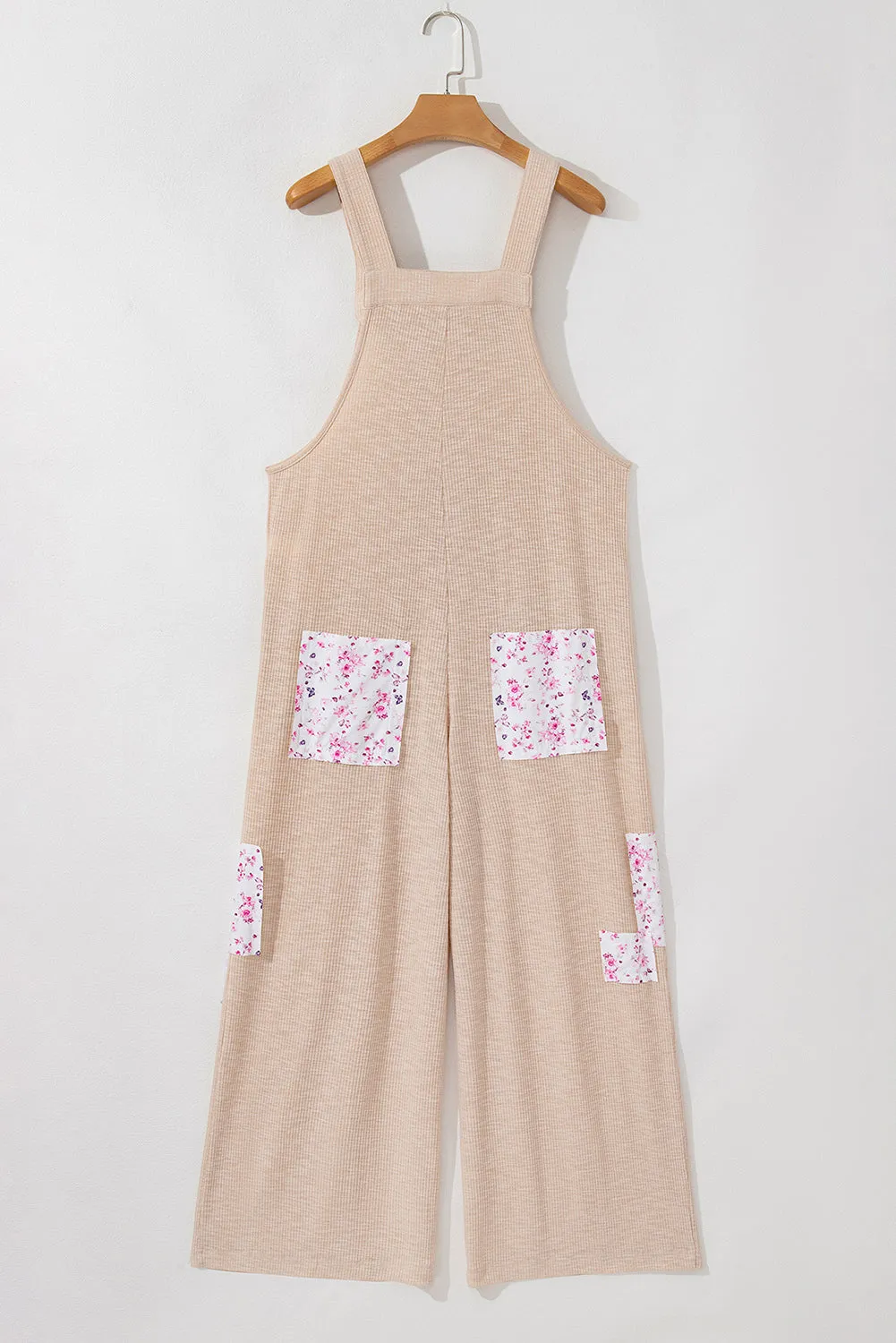 Jet Stream Floral Patchwork Ribbed Side Pockets Wide Leg Jumpsuit