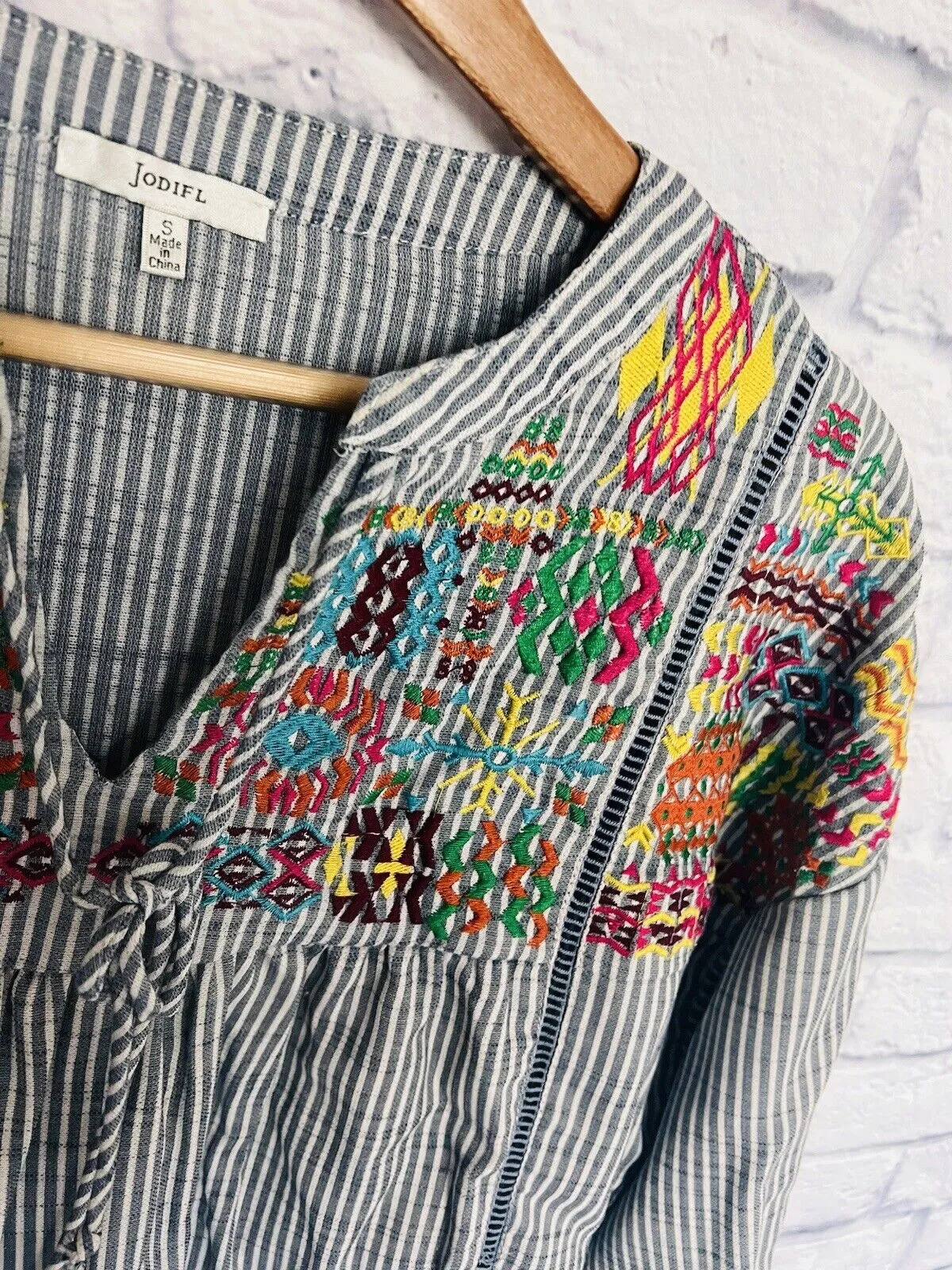 JODIFL Embroided Long Sleeve Striped Top Sz S Split Tie Neck Aztec Boho Blouse