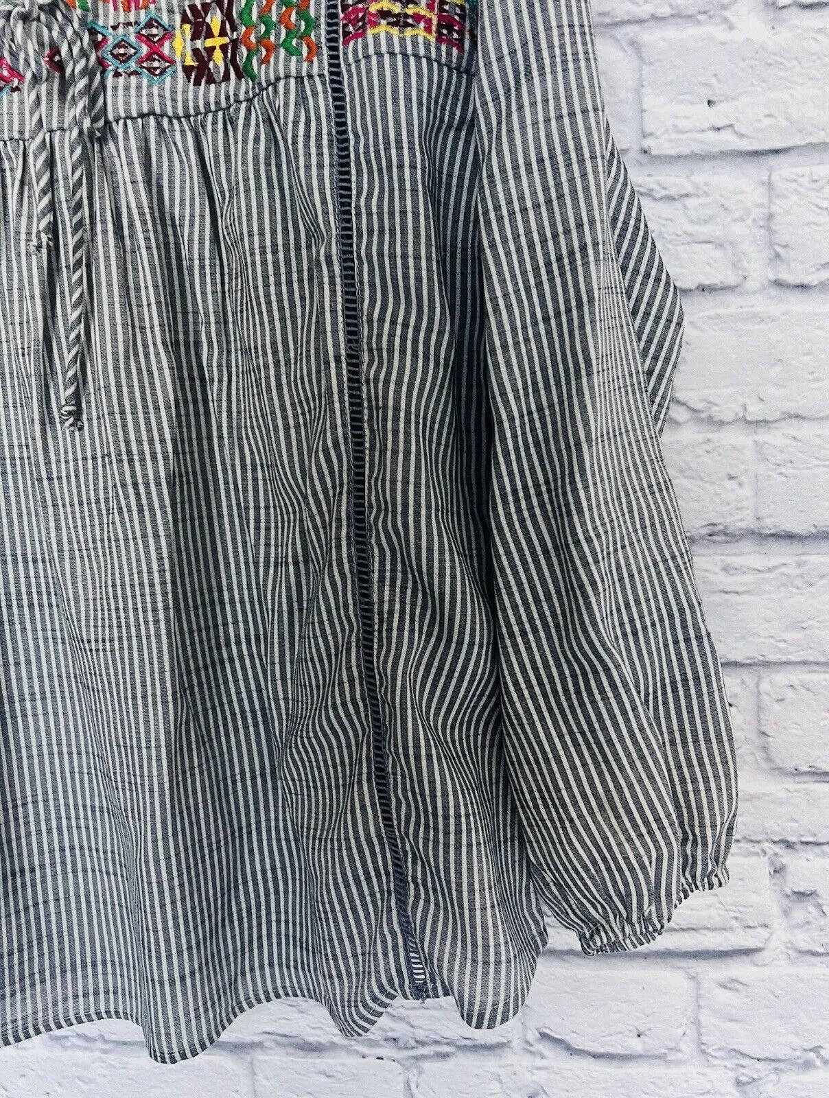 JODIFL Embroided Long Sleeve Striped Top Sz S Split Tie Neck Aztec Boho Blouse