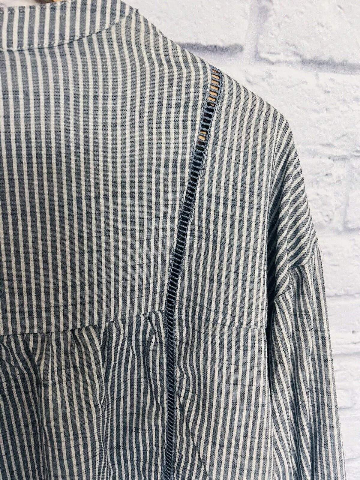 JODIFL Embroided Long Sleeve Striped Top Sz S Split Tie Neck Aztec Boho Blouse