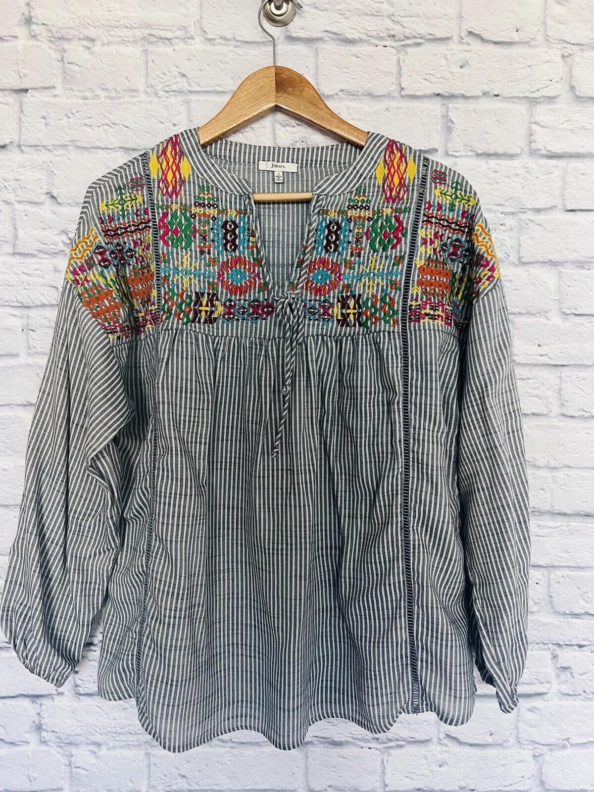 JODIFL Embroided Long Sleeve Striped Top Sz S Split Tie Neck Aztec Boho Blouse