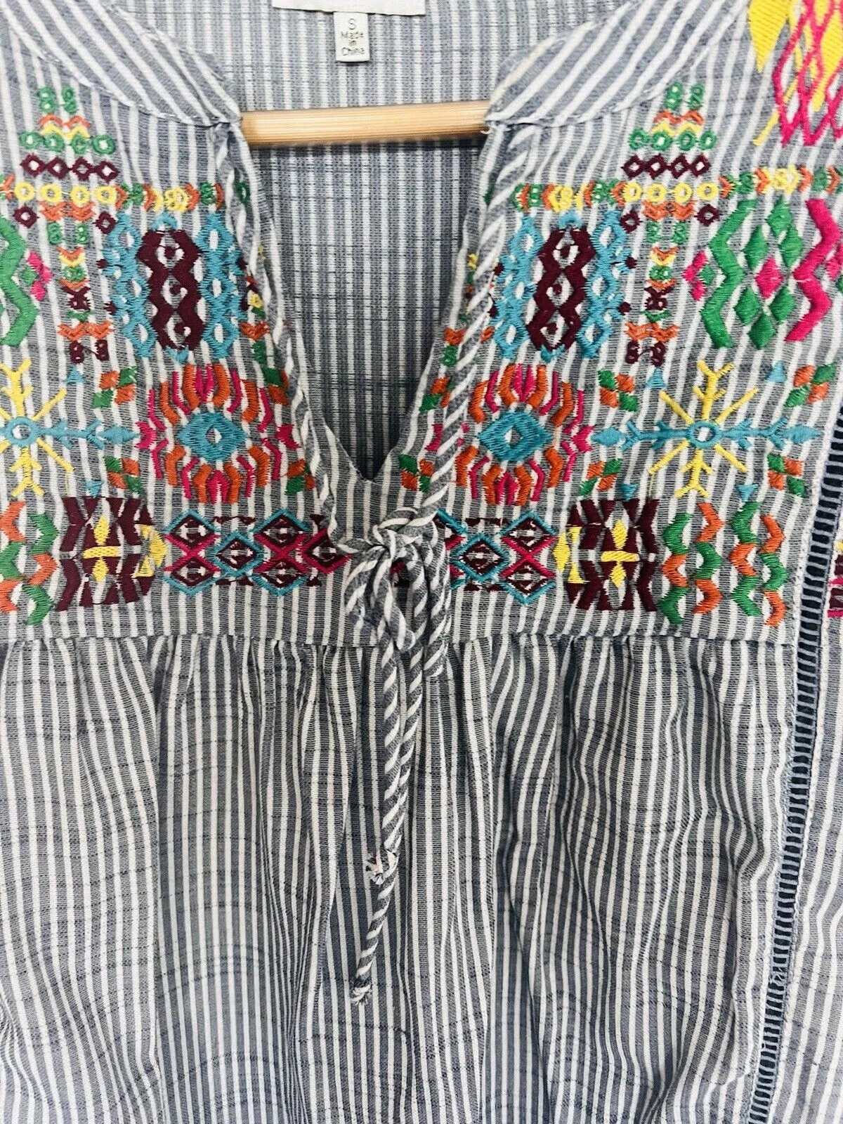 JODIFL Embroided Long Sleeve Striped Top Sz S Split Tie Neck Aztec Boho Blouse