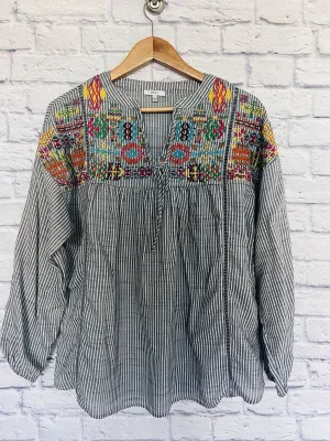 JODIFL Embroided Long Sleeve Striped Top Sz S Split Tie Neck Aztec Boho Blouse