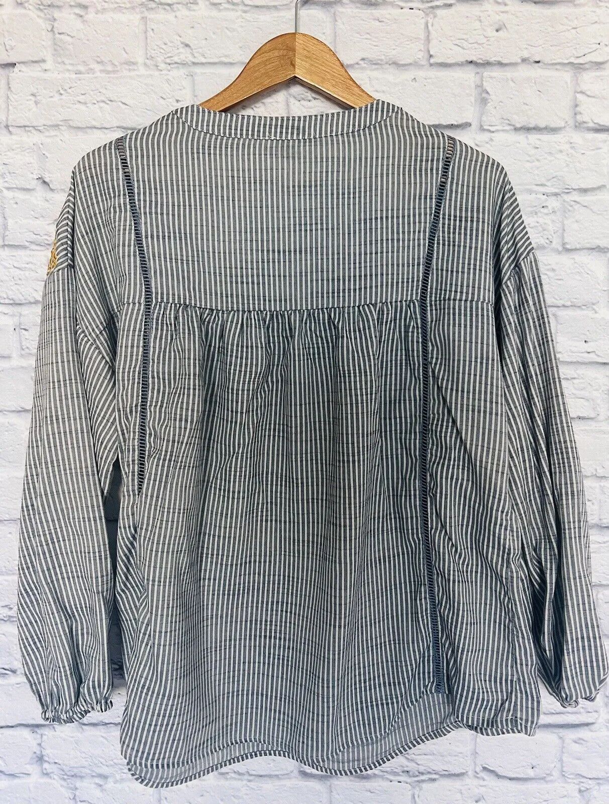 JODIFL Embroided Long Sleeve Striped Top Sz S Split Tie Neck Aztec Boho Blouse