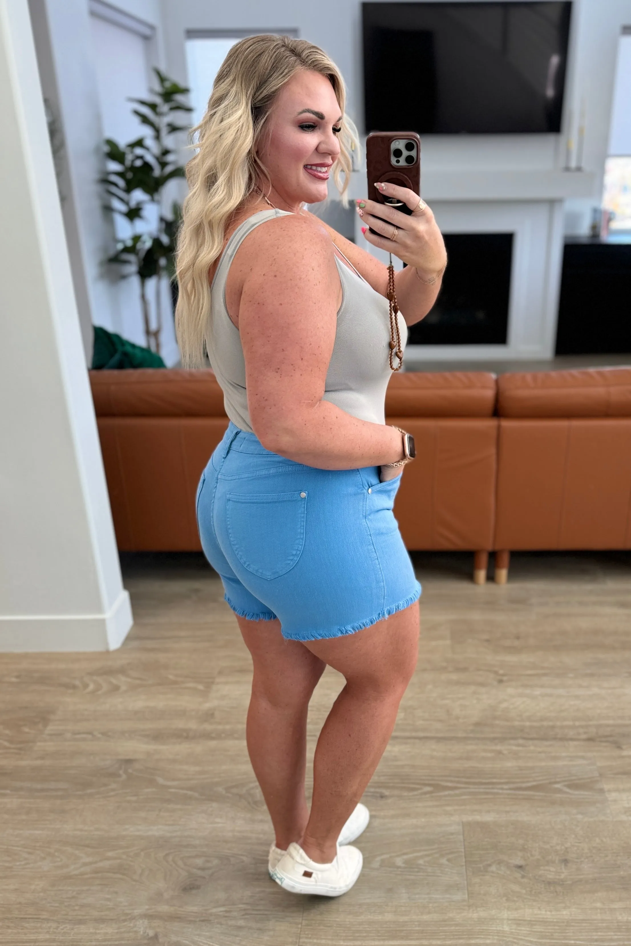 Judy Blue Sky Blue Celeste Mid Rise Shield Pocket Cutoff Shorts