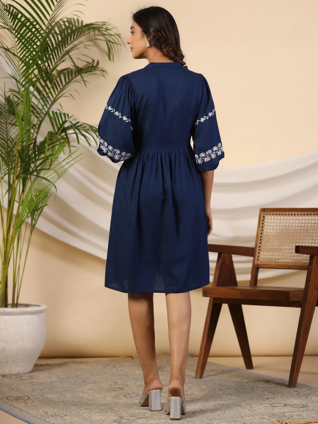 Juniper Rayon Blue Cross Stitched Embroidered Short Dress With Dori Tie Ups & Tassels