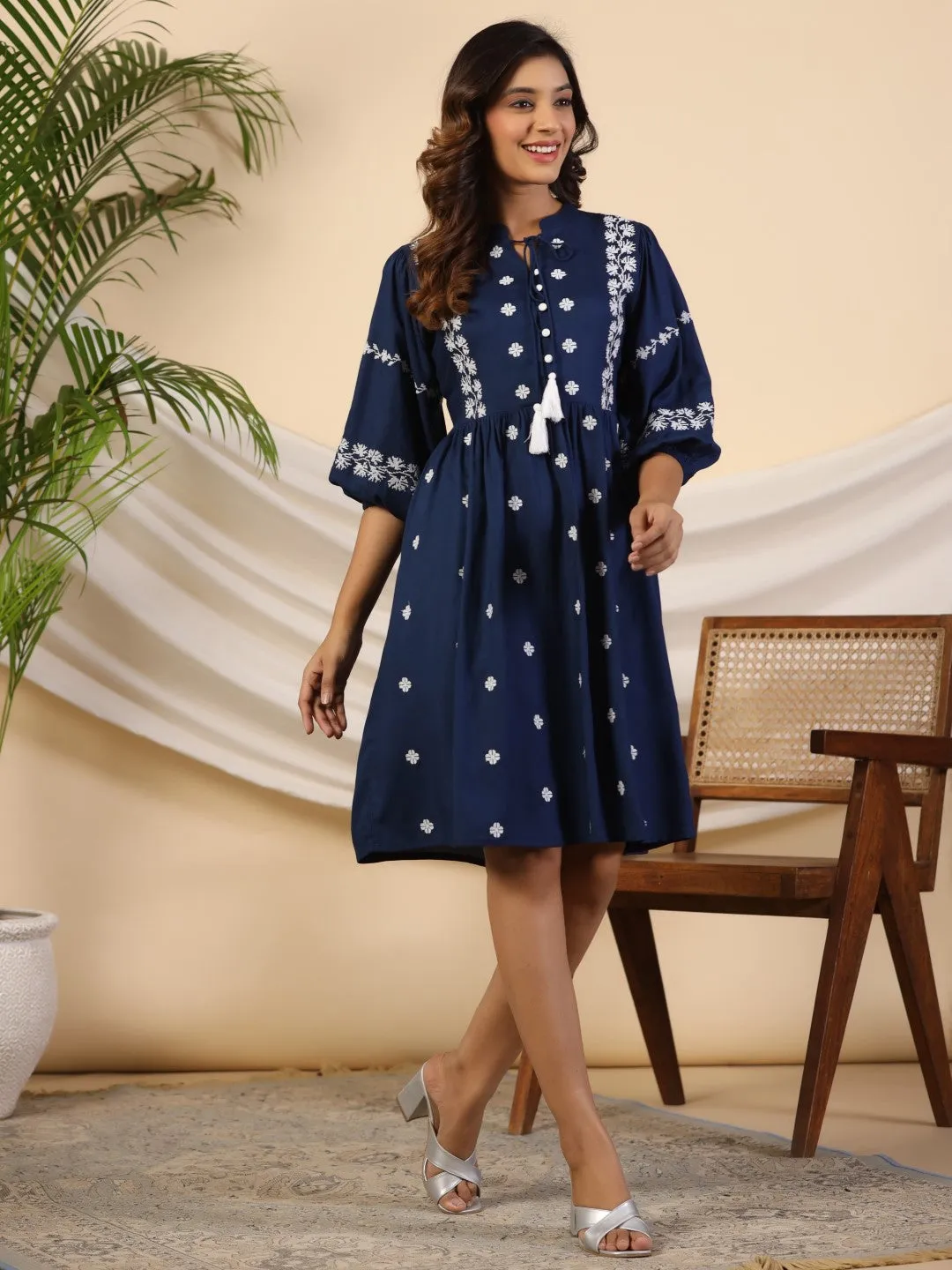 Juniper Rayon Blue Cross Stitched Embroidered Short Dress With Dori Tie Ups & Tassels