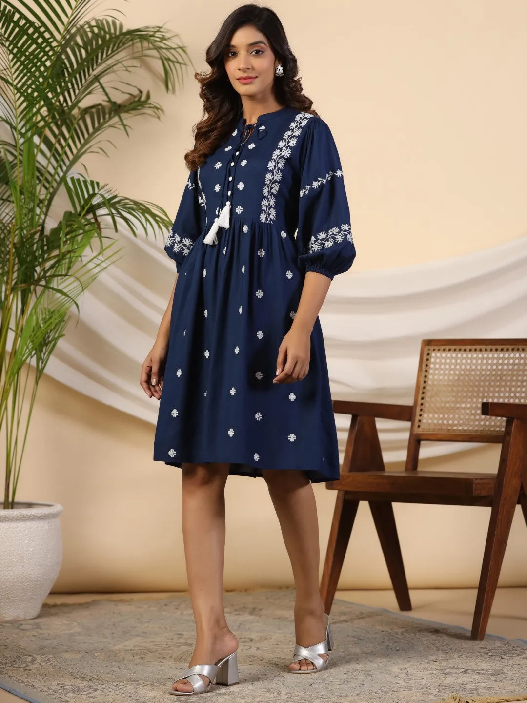 Juniper Rayon Blue Cross Stitched Embroidered Short Dress With Dori Tie Ups & Tassels