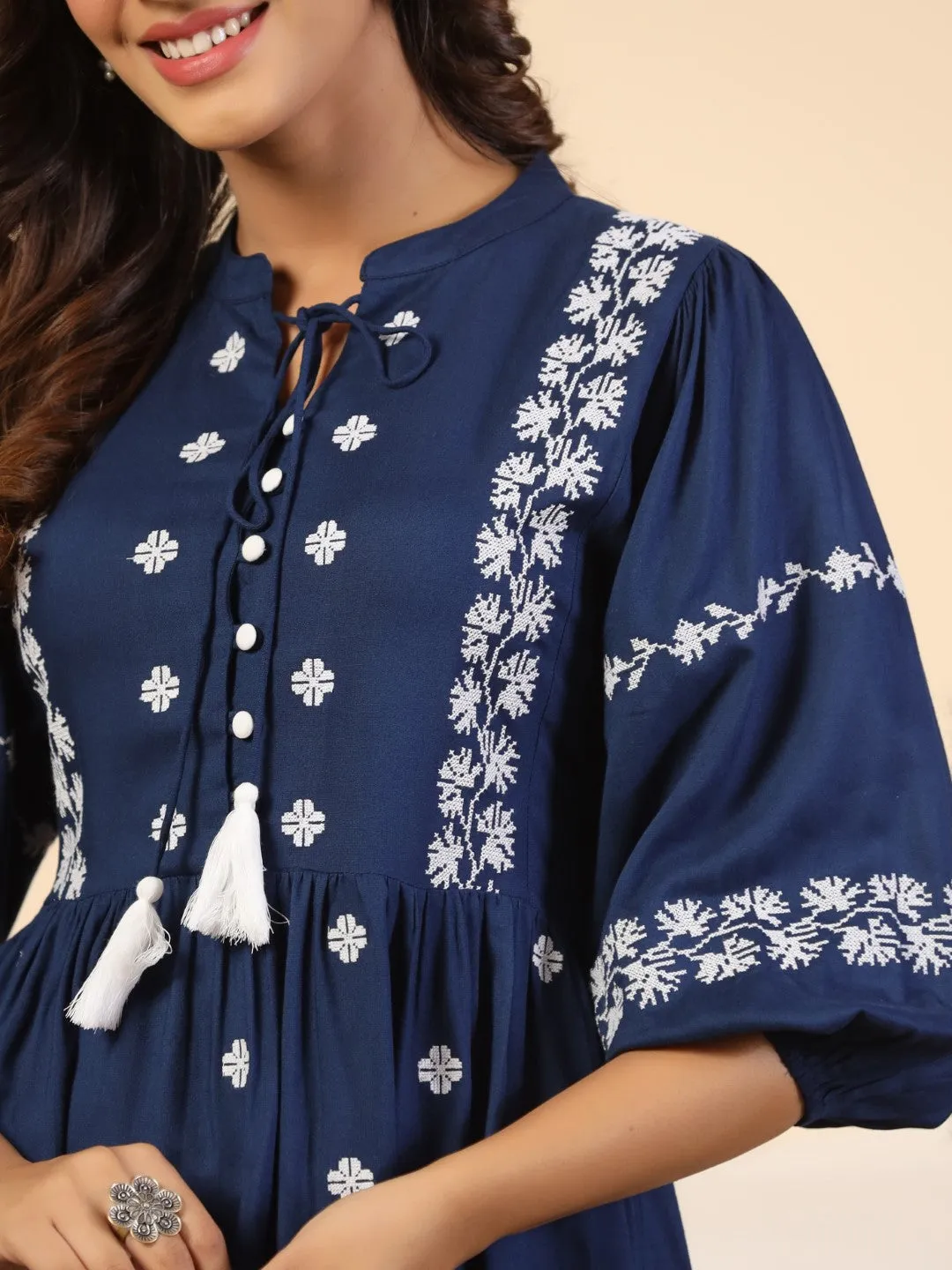 Juniper Rayon Blue Cross Stitched Embroidered Short Dress With Dori Tie Ups & Tassels