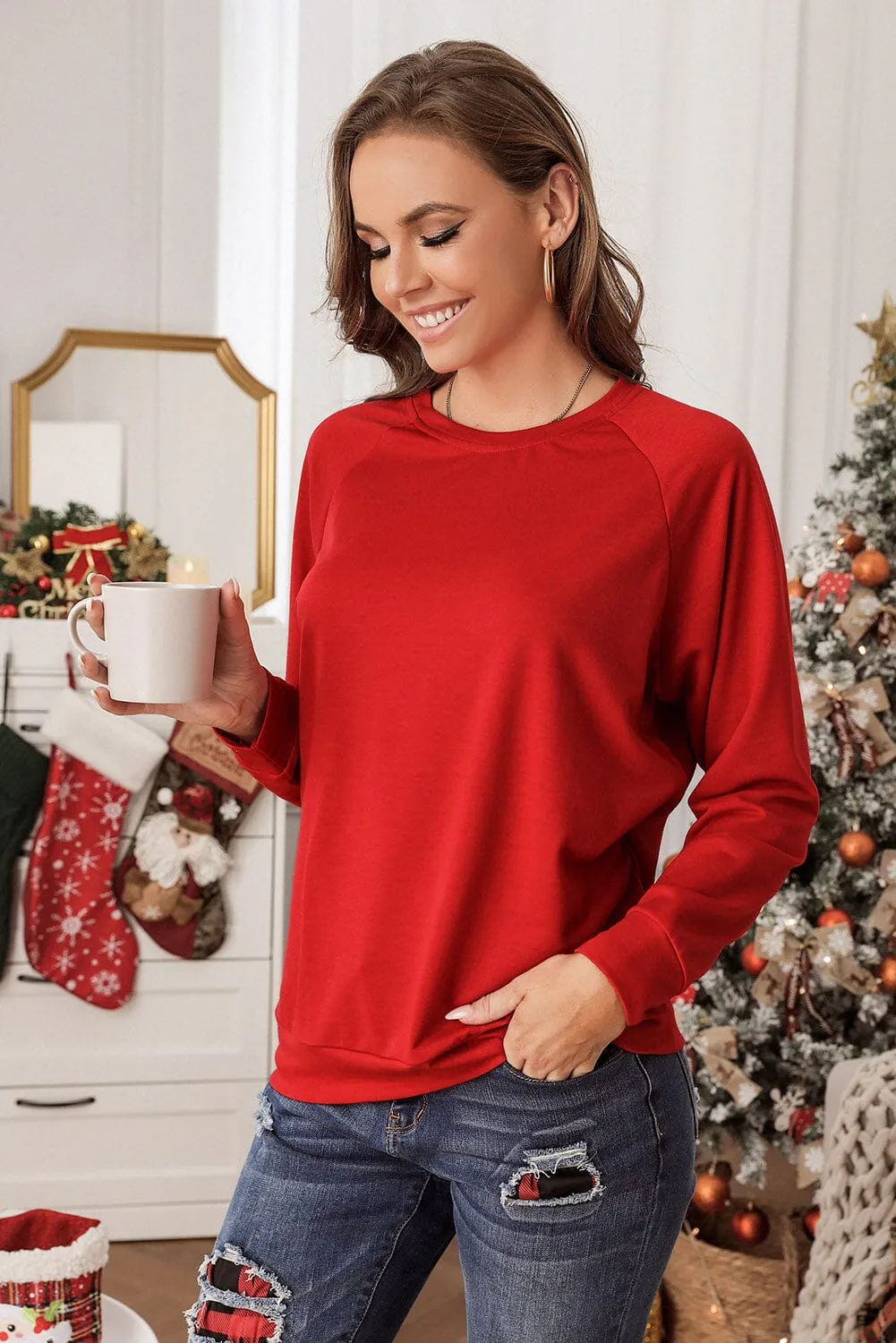 KaleaBoutique Solid Round Neck Raglan Sleeve Red Sweatshirt Top Pullover Sweater Shirt