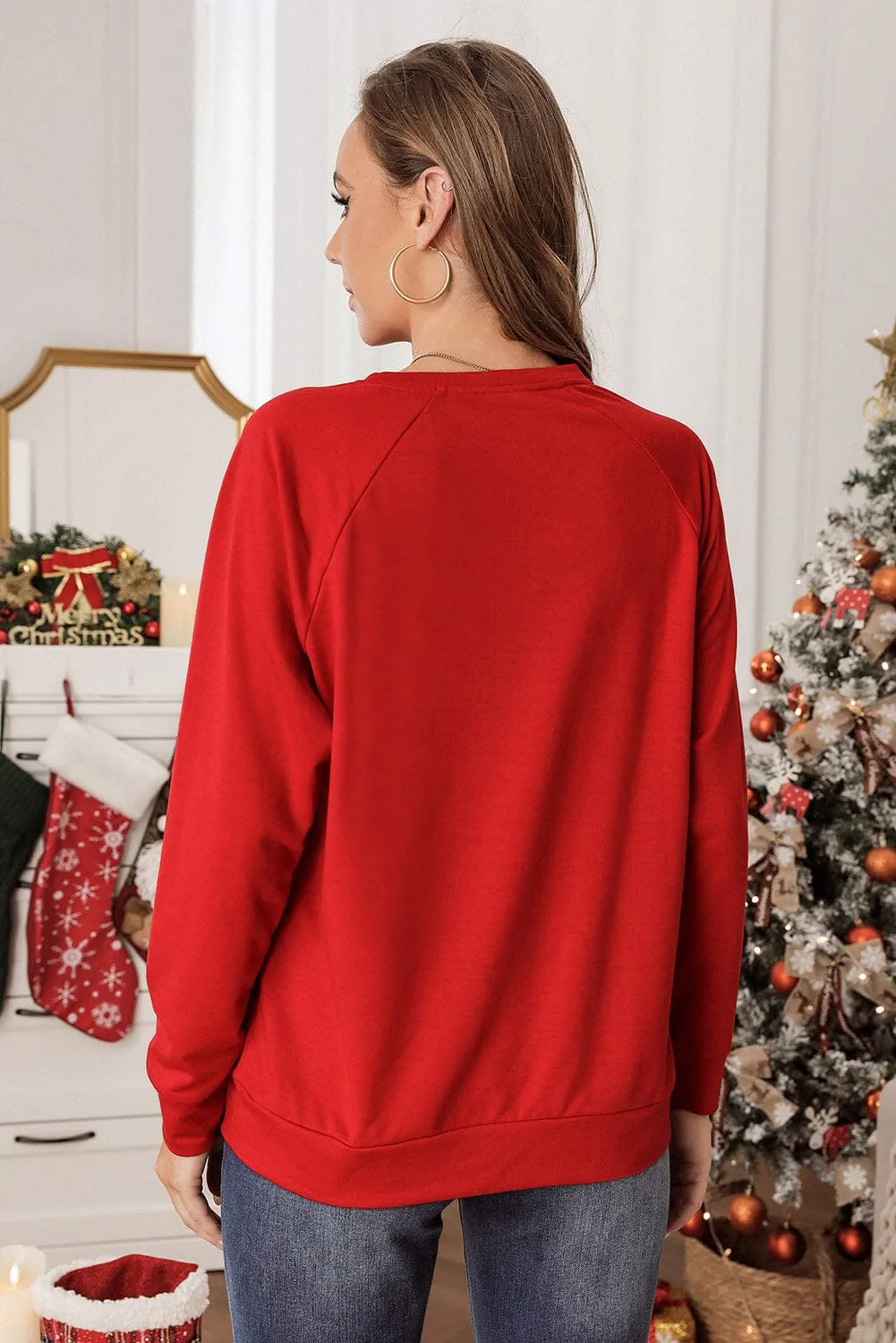 KaleaBoutique Solid Round Neck Raglan Sleeve Red Sweatshirt Top Pullover Sweater Shirt