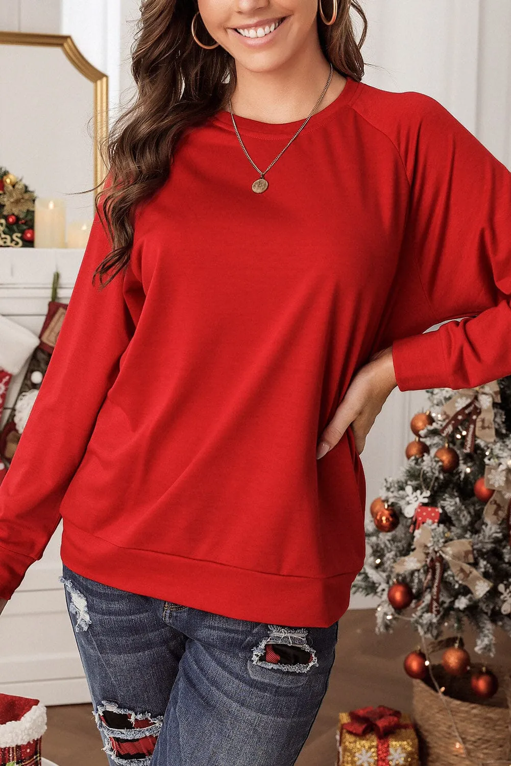 KaleaBoutique Solid Round Neck Raglan Sleeve Red Sweatshirt Top Pullover Sweater Shirt