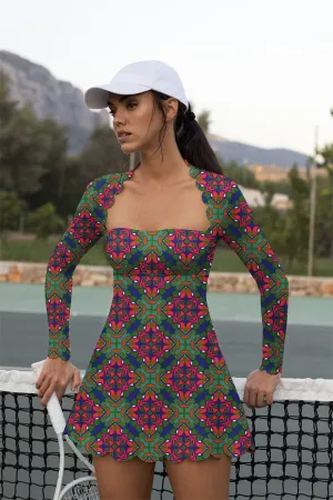 Kaleido Court Luxe – Long Sleeve Activewear Tennis Dress for Women | Multicolor Geometric Edition