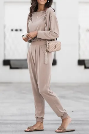 Khaki Casual Pullover and High Waist Pants Outfit
